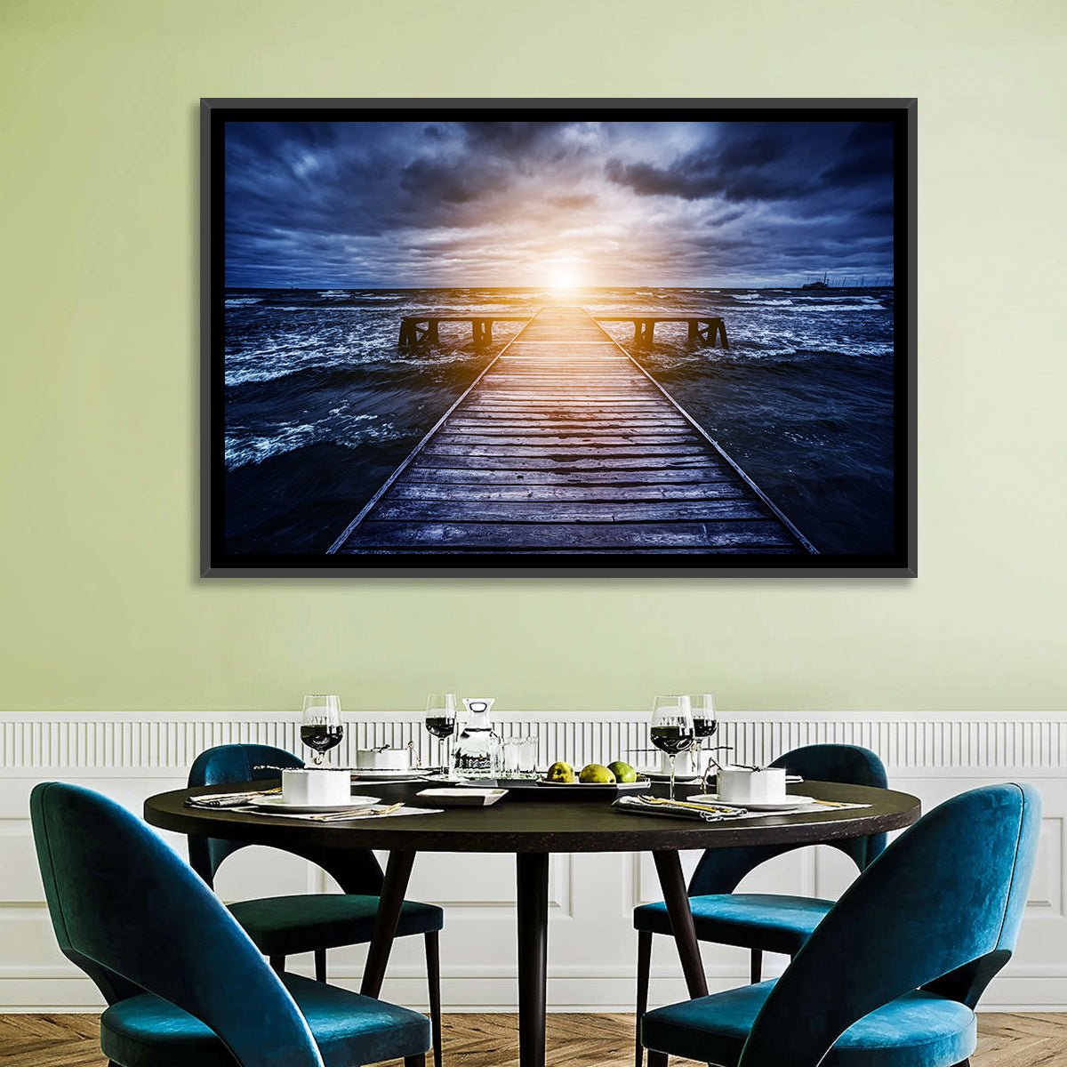 Sunlit Wooden Jetty at Dusk Wall Art