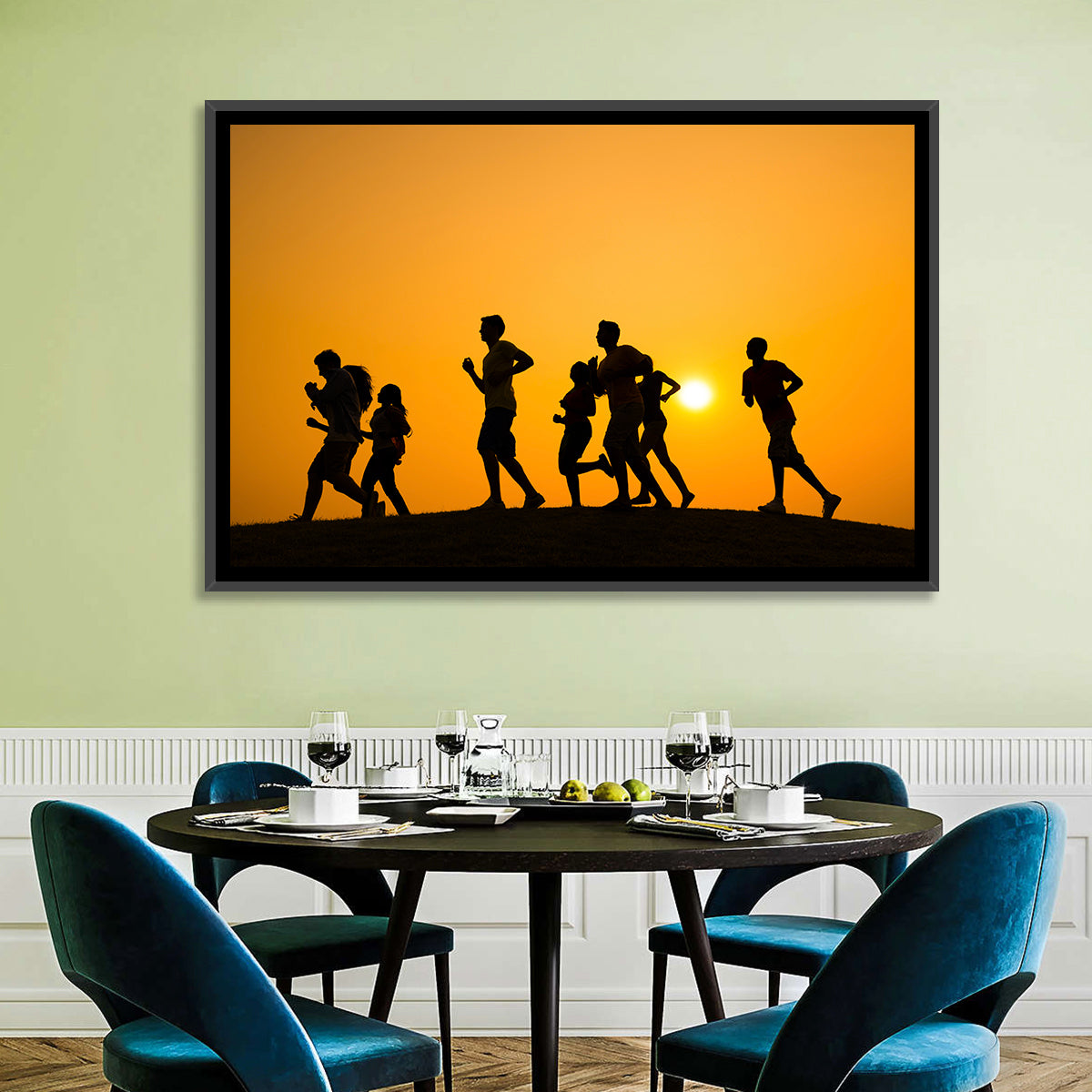 Six Runners Silhouette at Golden Sunset Wall Art in a room, landscape