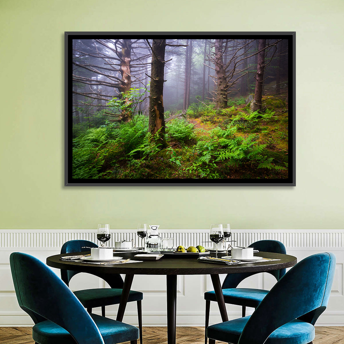 Misty Spruce-fir Trail Wall Art in a room, landscape