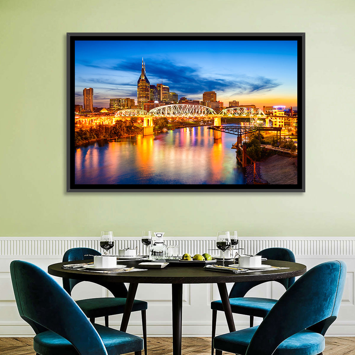 Nashville Skyline at Twilight Bridge Reflections Wall Art in a room, landscape