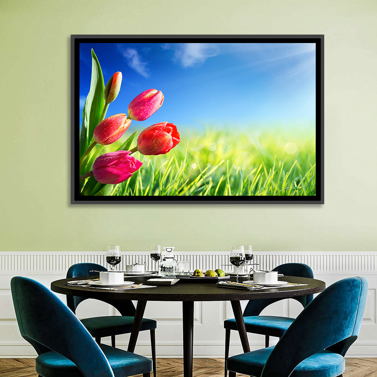 Dewy Red Tulips Under Blue Sky Wall Art in a room, landscape