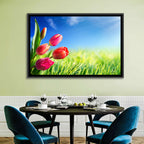 Dewy Red Tulips Under Blue Sky Wall Art