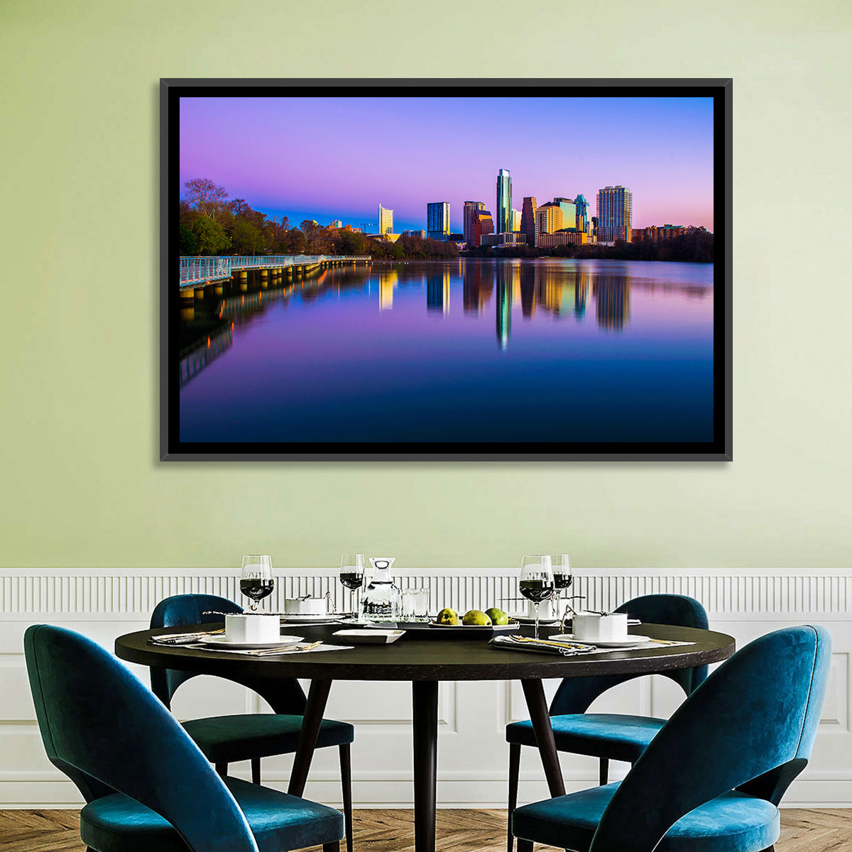 Austin Skyline Reflection at Twilight Wall Art in a room, landscape
