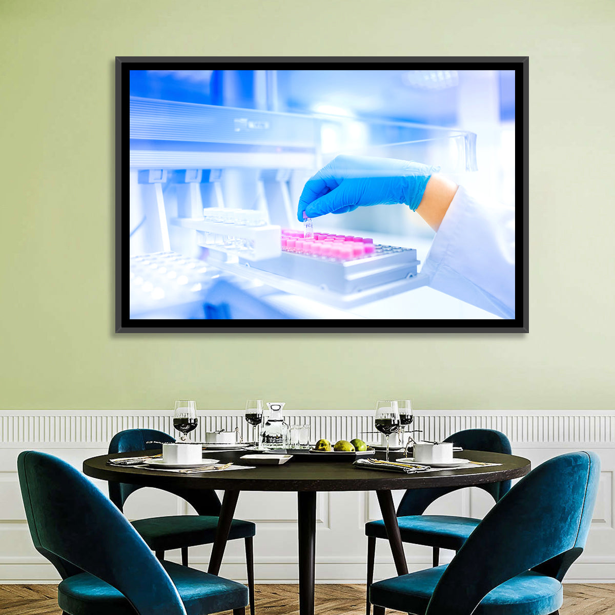 Gloved Hand with Vial and Pink-capped Tubes Wall Art in a room, landscape