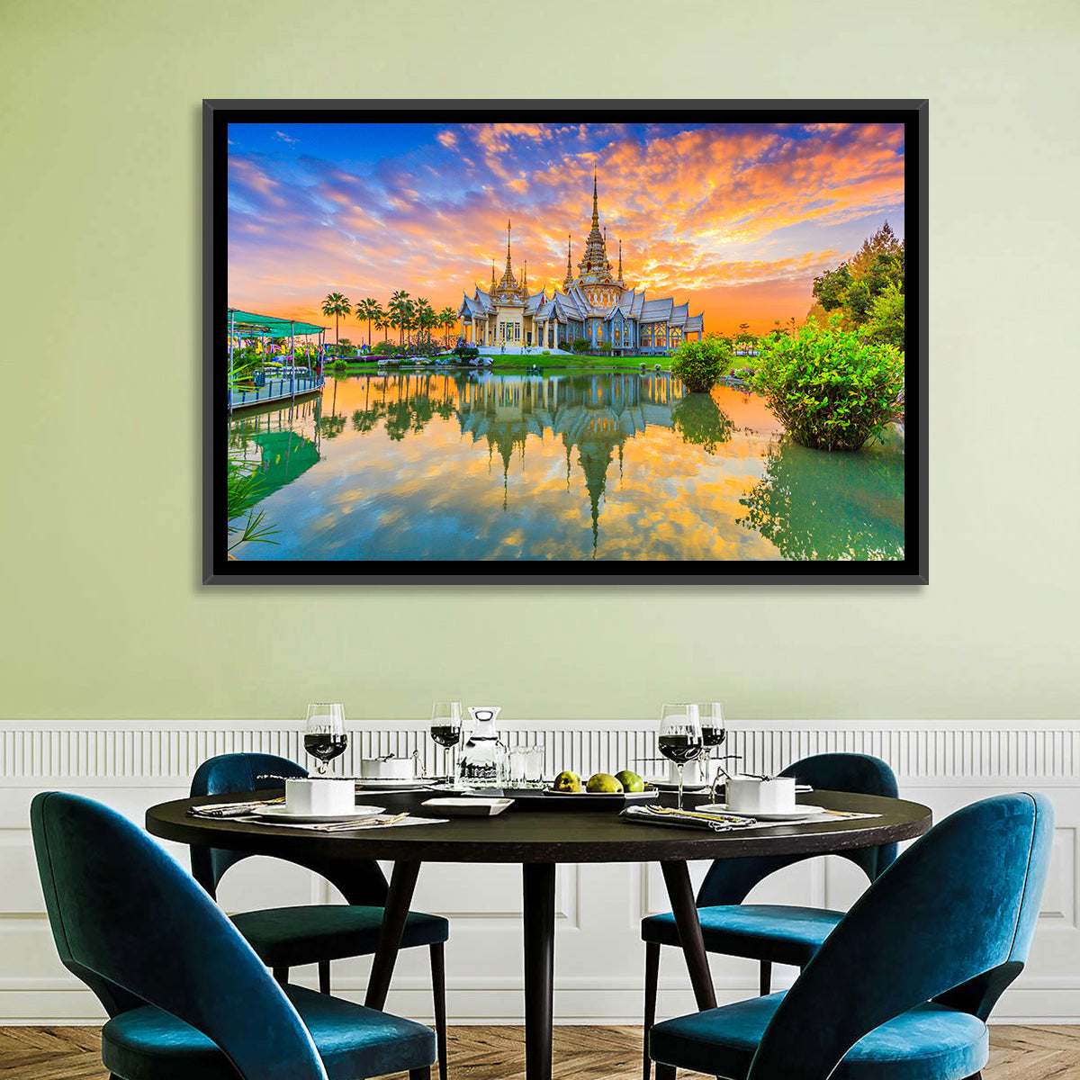 Wat Non Kum Sunset Reflection Wall Art in a room, landscape