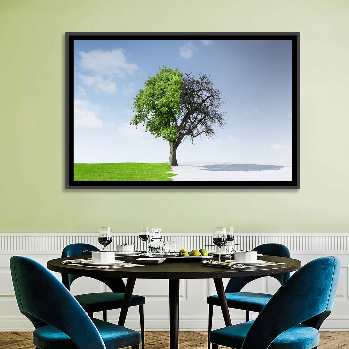 Split Seasons Tree Wall Art in a room, landscape