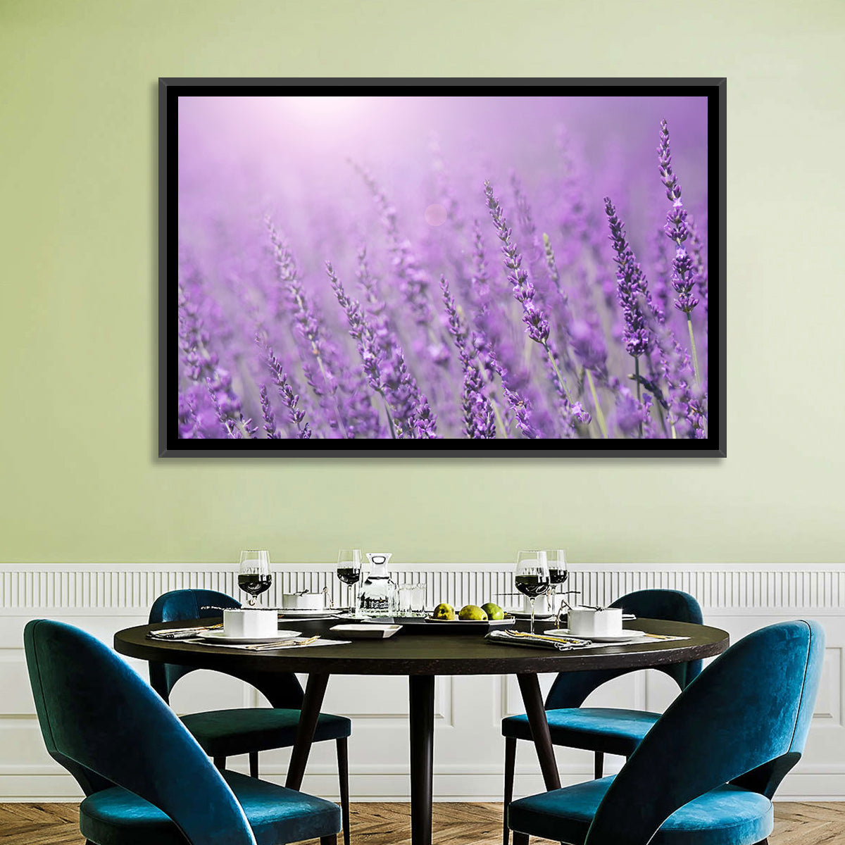 Sunlit Lavender Field Wall Art in a room, landscape