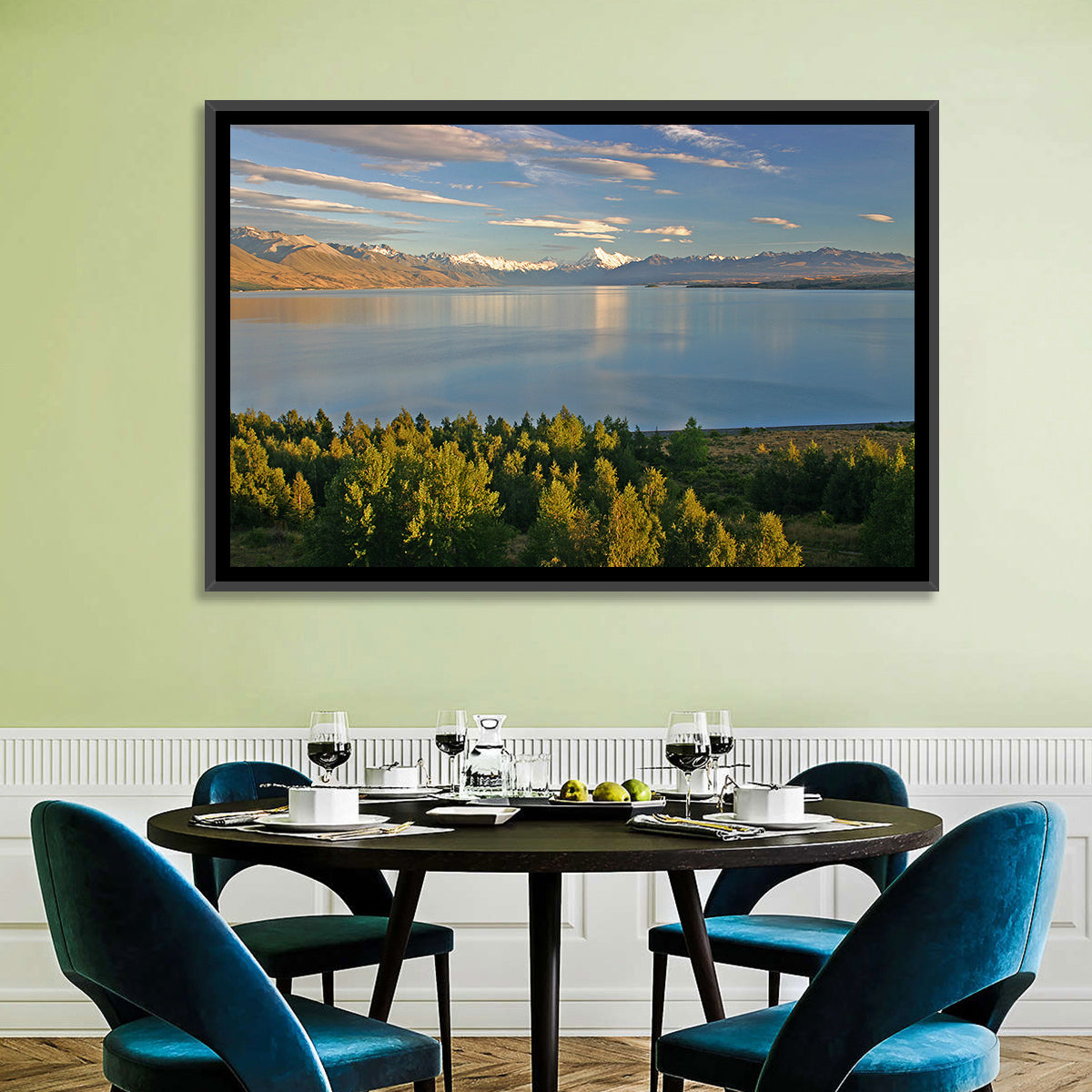 Lake Pukaki Reflections with Mount Cook Wall Art in a room, landscape