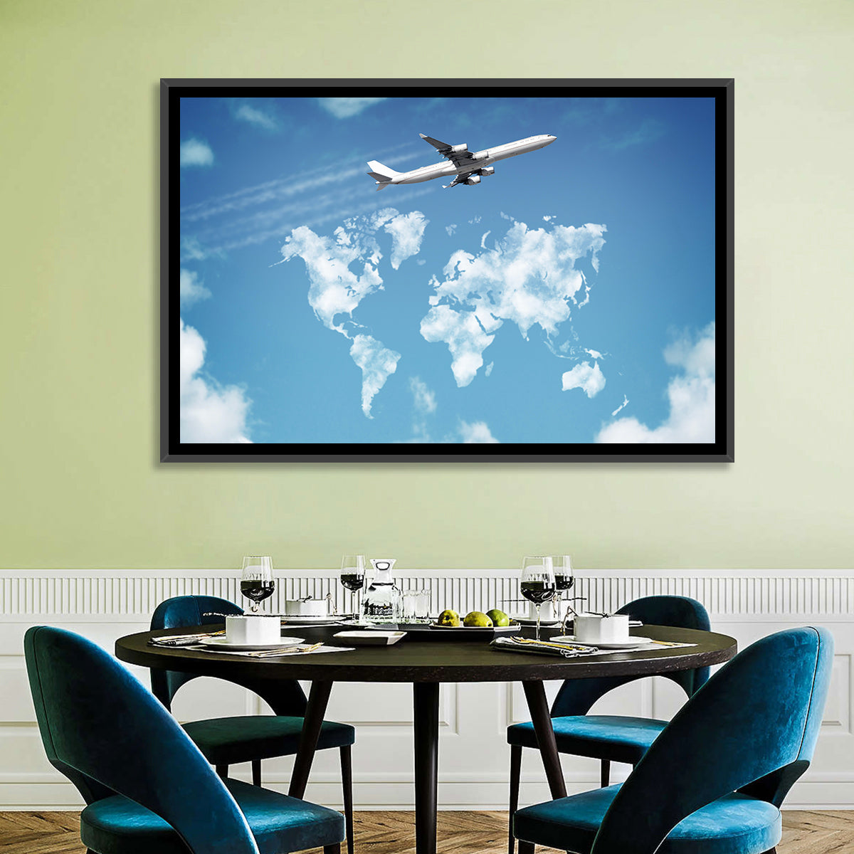 Jet Over Cloud World Map Wall Art in a room, landscape