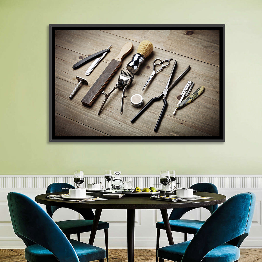 Vintage Barber Tools on Wooden Workbench Wall Art