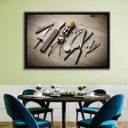 Vintage Barber Tools on Wooden Workbench Wall Art