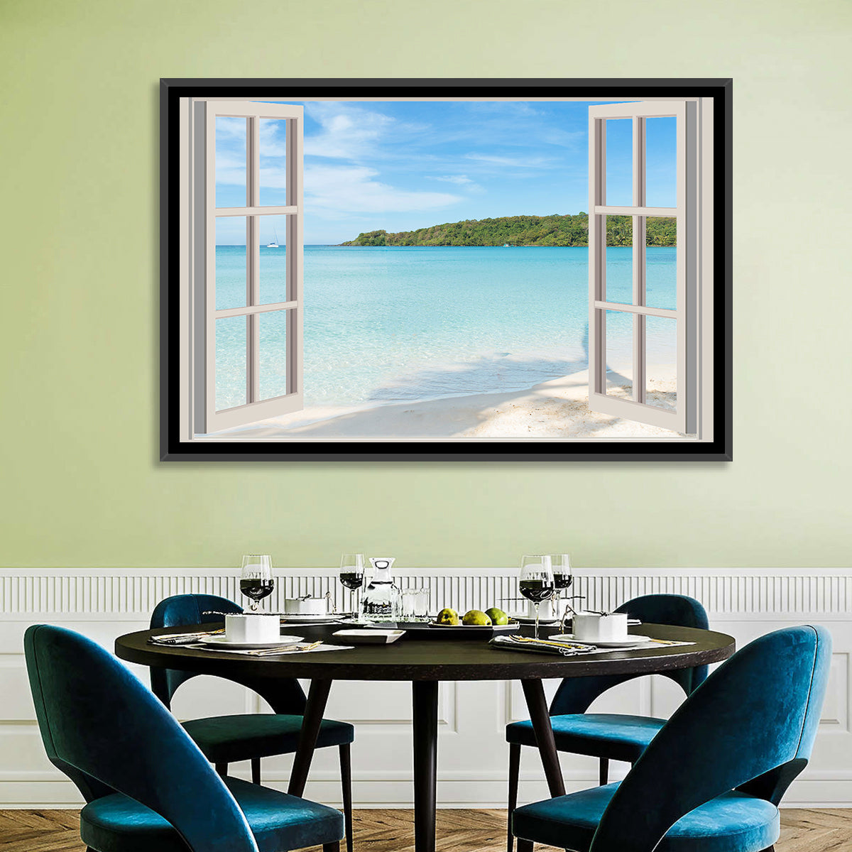 Turquoise Beach View Through Window Wall Art in a room, landscape