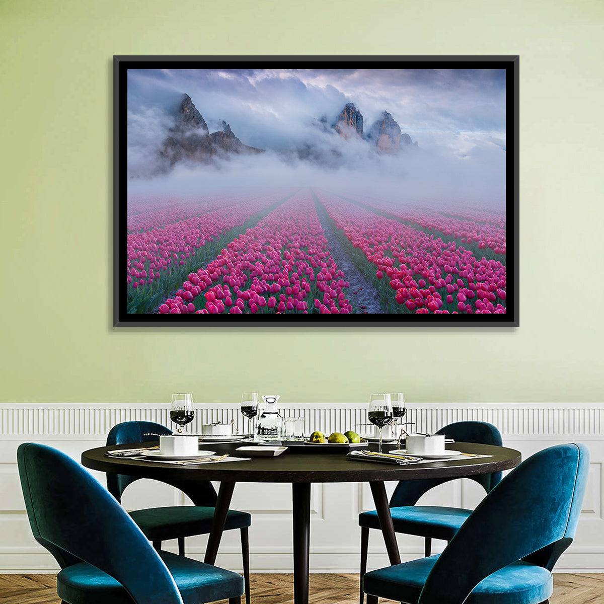 Misty Pink Tulip Field Wall Art in a room, landscape