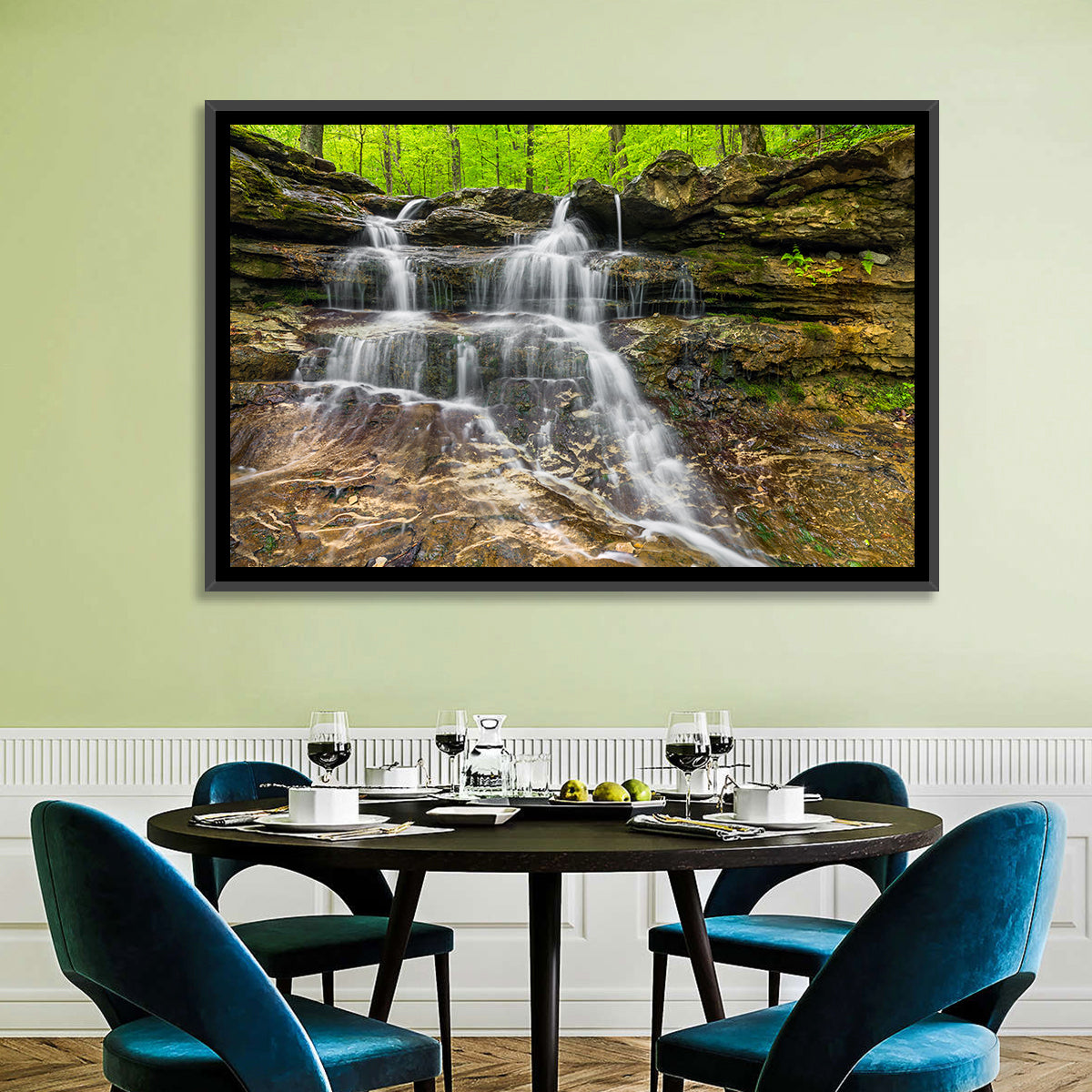 Mossy Ledge Waterfall Wall Art in a room, landscape
