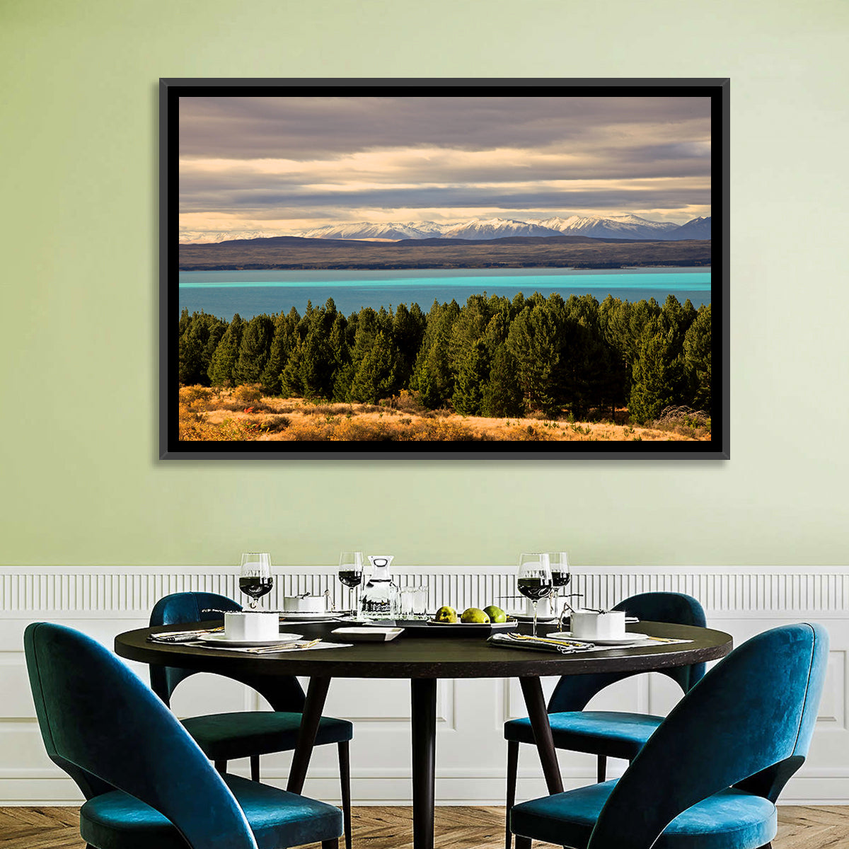 Lake Pukaki Turquoise View Wall Art in a room, landscape