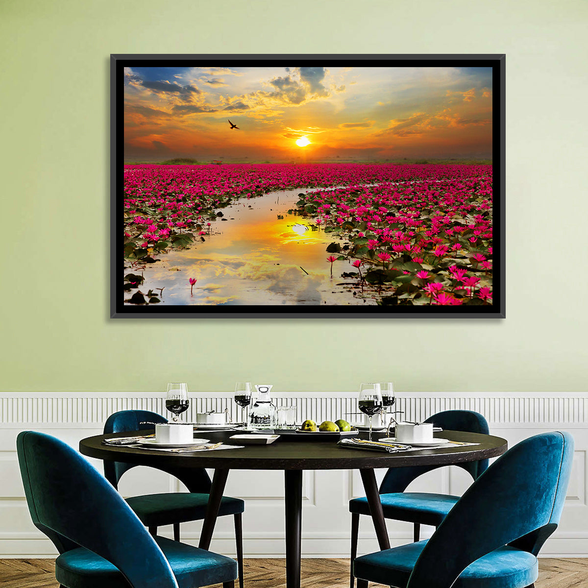 Golden Hour Lotus Field Wall Art in a room, landscape