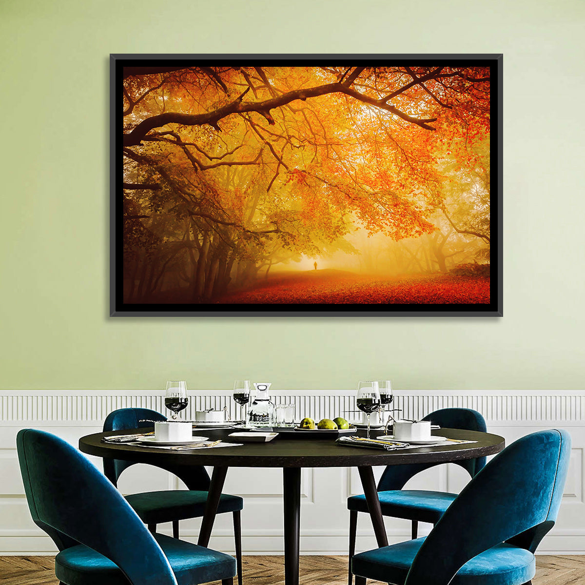 Autumn Forest Path with Lone Figure Wall Art in a room, landscape