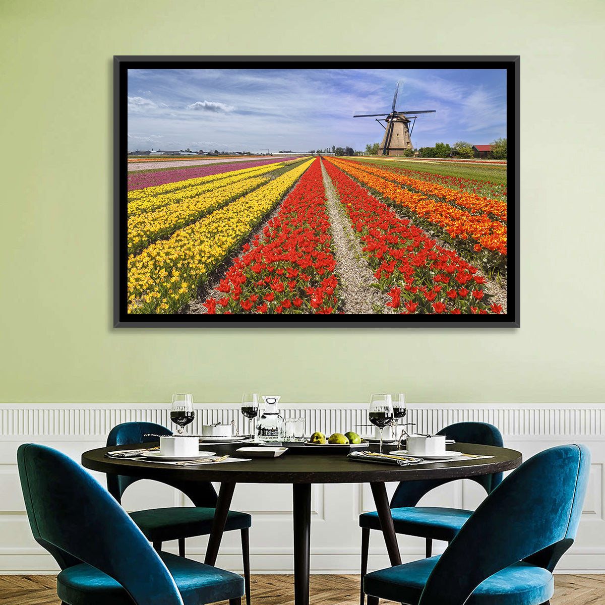 Spring Tulip Fields with Dutch Windmill Wall Art in a room, landscape