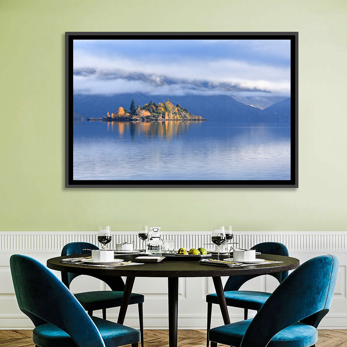 Misty Wanaka Island Reflection Wall Art in a room, landscape
