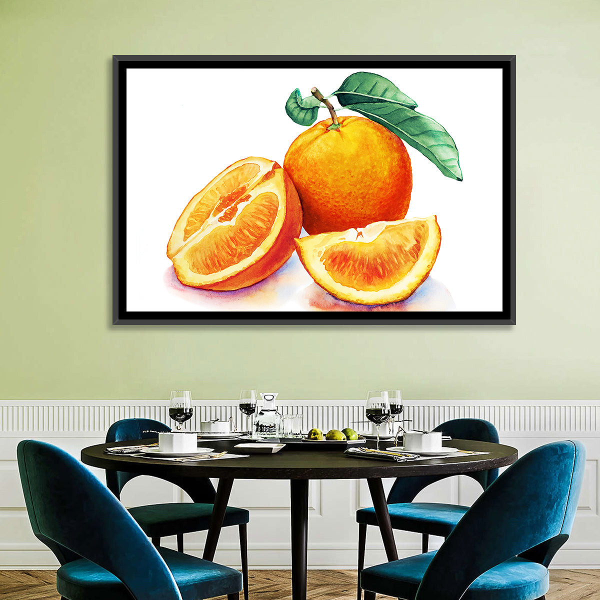 Watercolor Orange Still Life Wall Art in a room, landscape