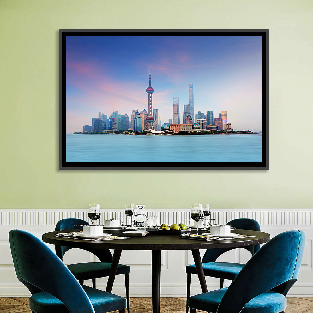 Shanghai Lujiazui Skyline Wall Art in a room, landscape