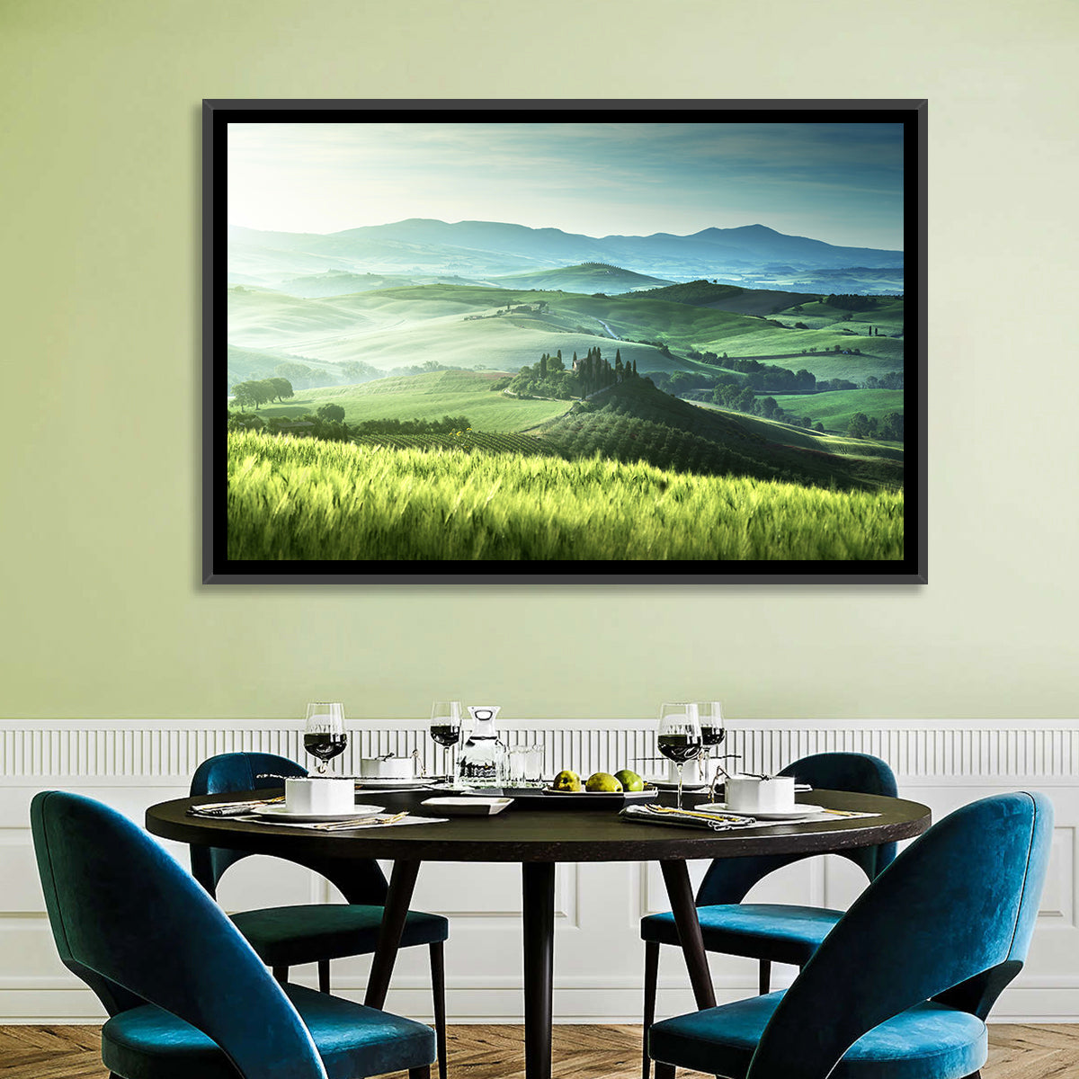 Misty Rolling Hills with Cypresses Wall Art in a room, landscape