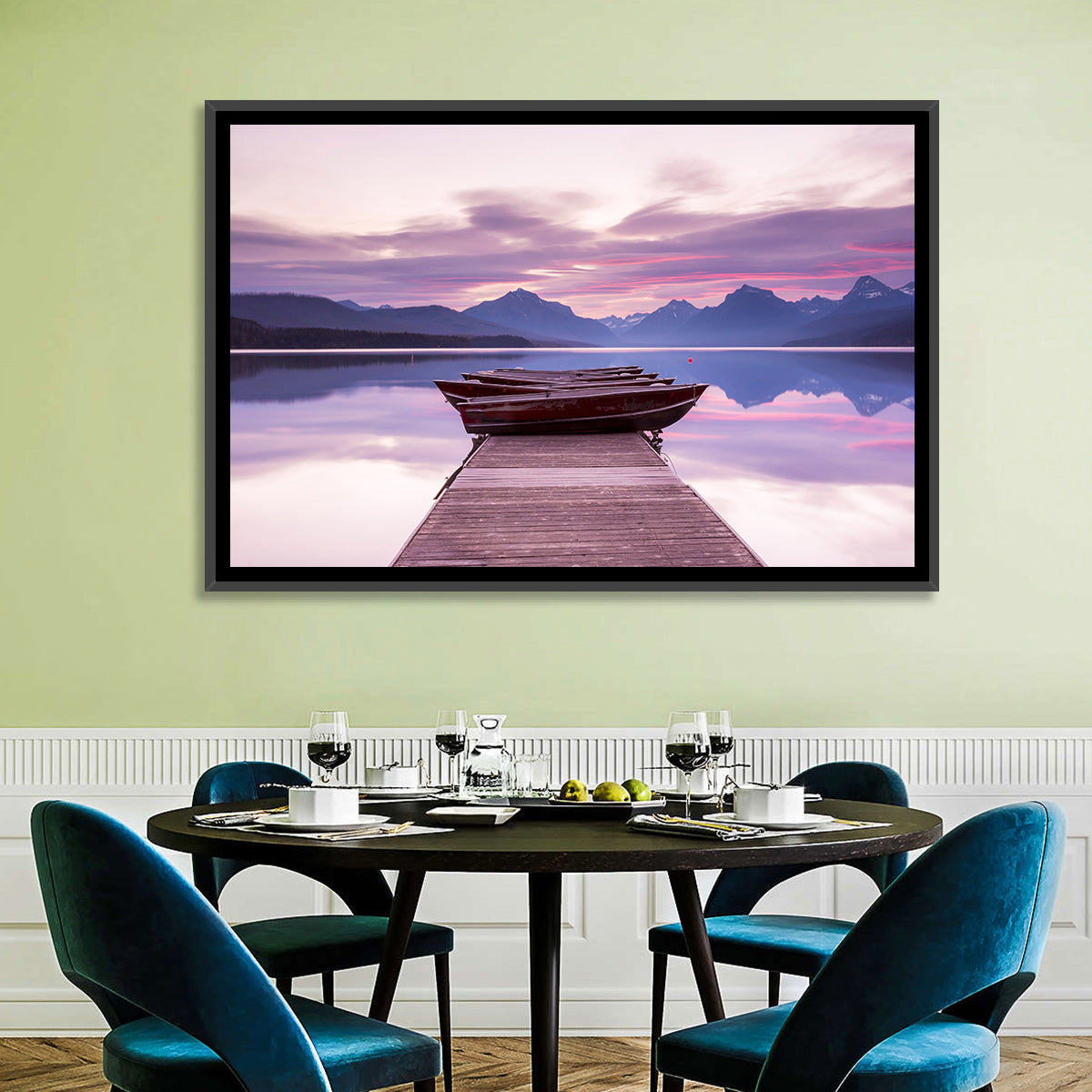 Lake Mcdonald Sunset Dock Wall Art in a room, landscape