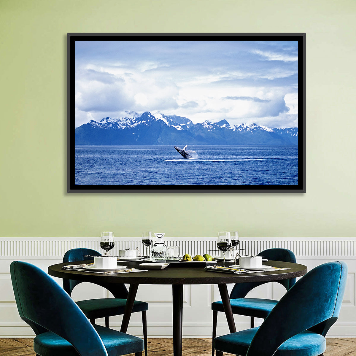 Humpback Whale with Snow Capped Mountains Wall Art in a room, landscape