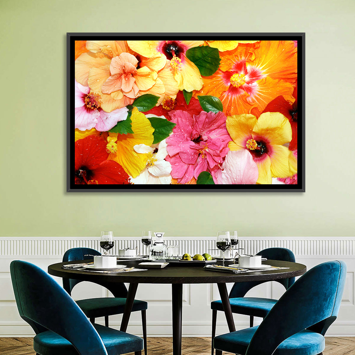 Vibrant Hibiscus Close-up Wall Art in a room, landscape