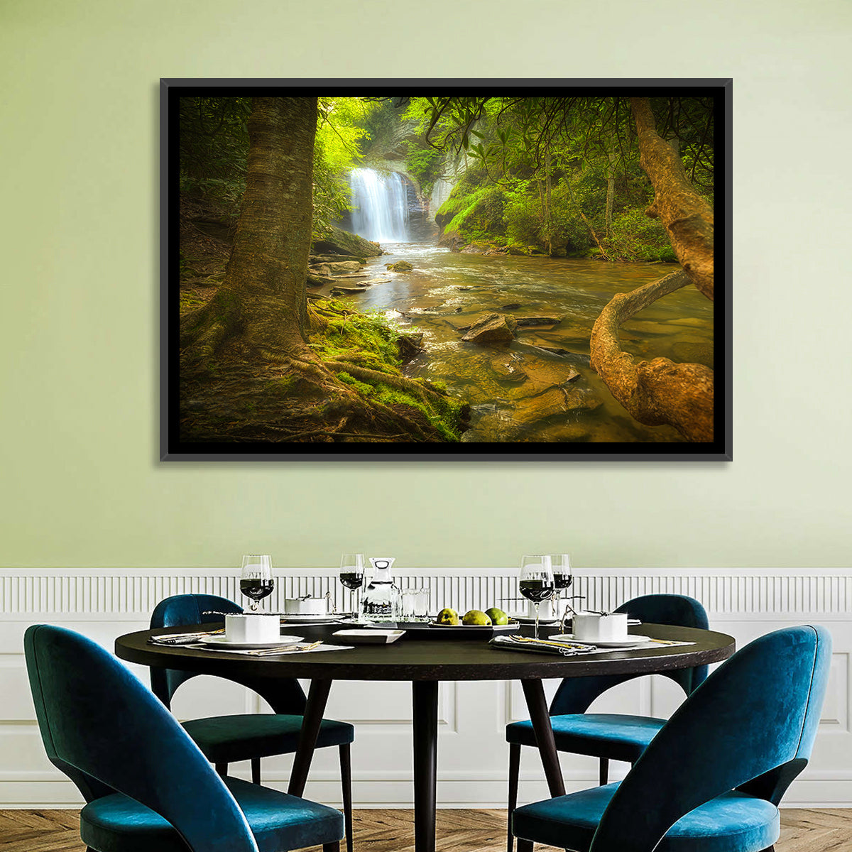 Deep Forest Waterfall Wall Art in a room, landscape