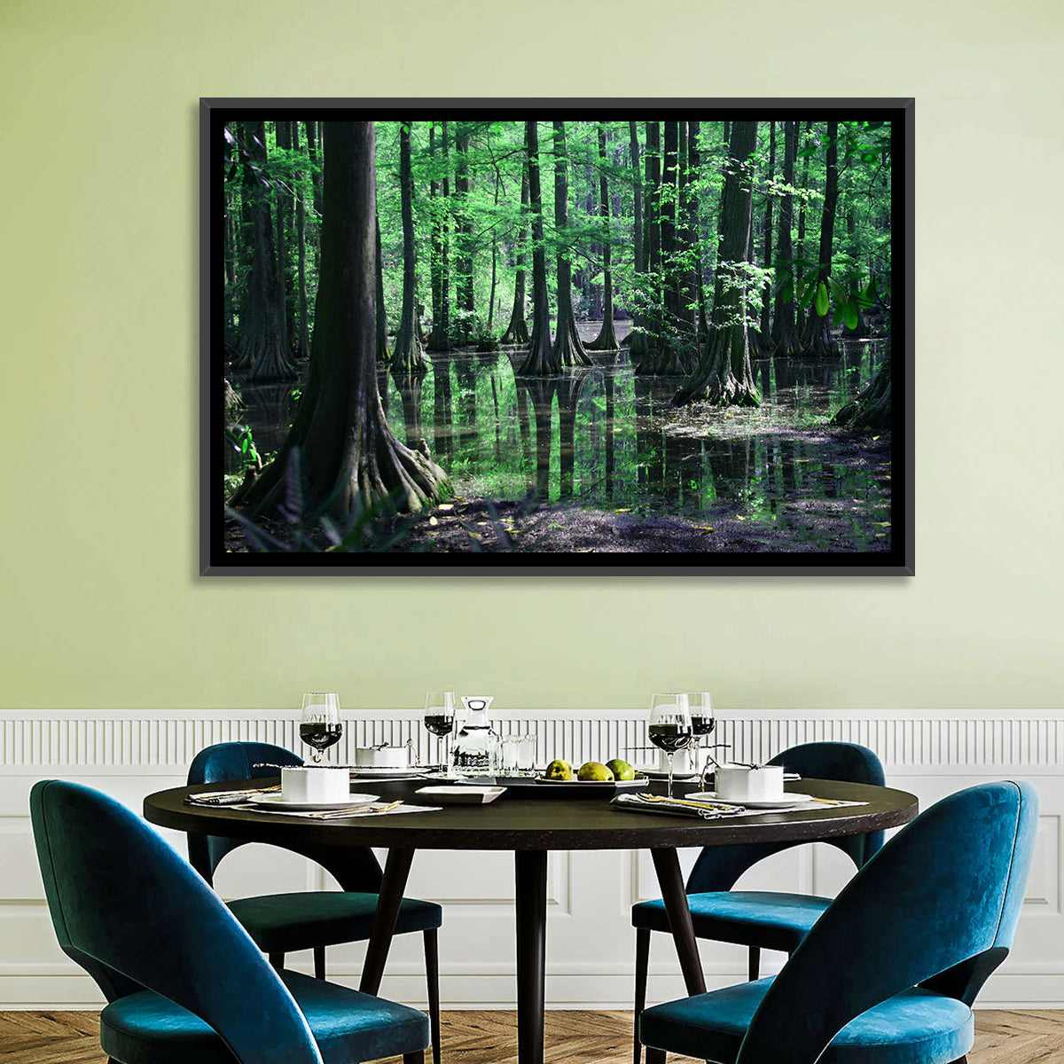 Congaree Swamp Reflection Wall Art in a room, landscape