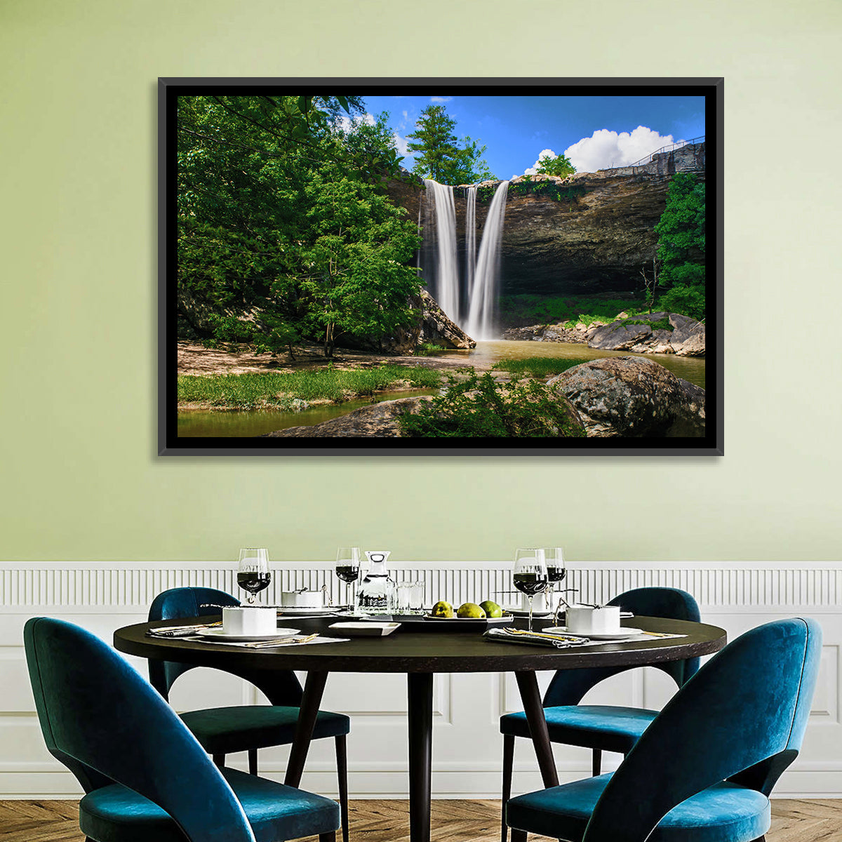 Noccalula Falls Waterfall in Daylight Wall Art in a room, landscape