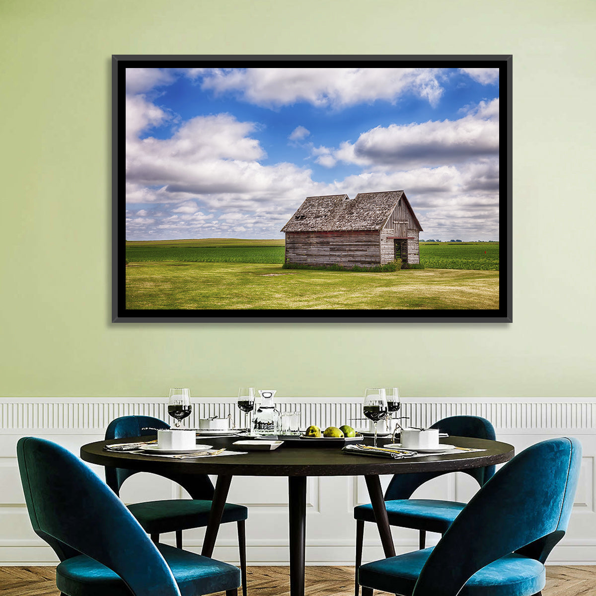 Old Farm Shed in Field Wall Art in a room, landscape