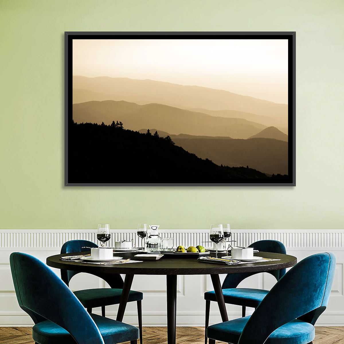 Foggy Mountain Sunset with Evergreen Silhouettes Wall Art