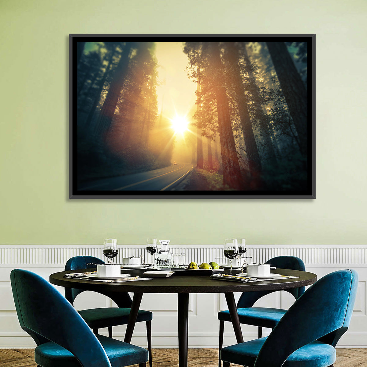 Misty Redwood Road with Golden Sunburst Wall Art in a room, landscape