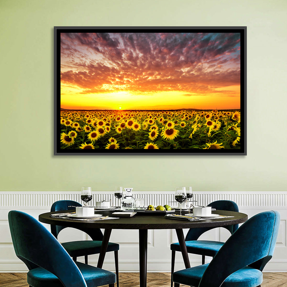 Golden Hour Sunflower Field Wall Art in a room, landscape