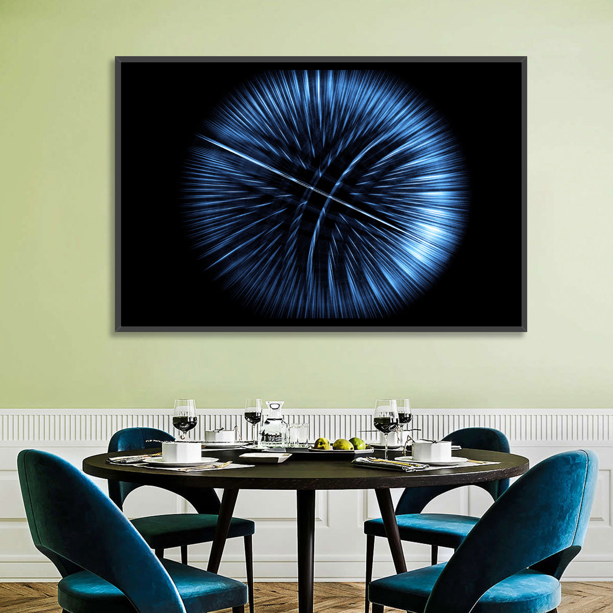 Glowing Blue Textured Sphere Wall Art in a room, landscape