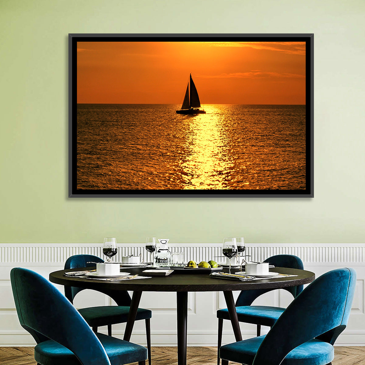Sailboat Silhouette at Golden Sunset Wall Art in a room, landscape