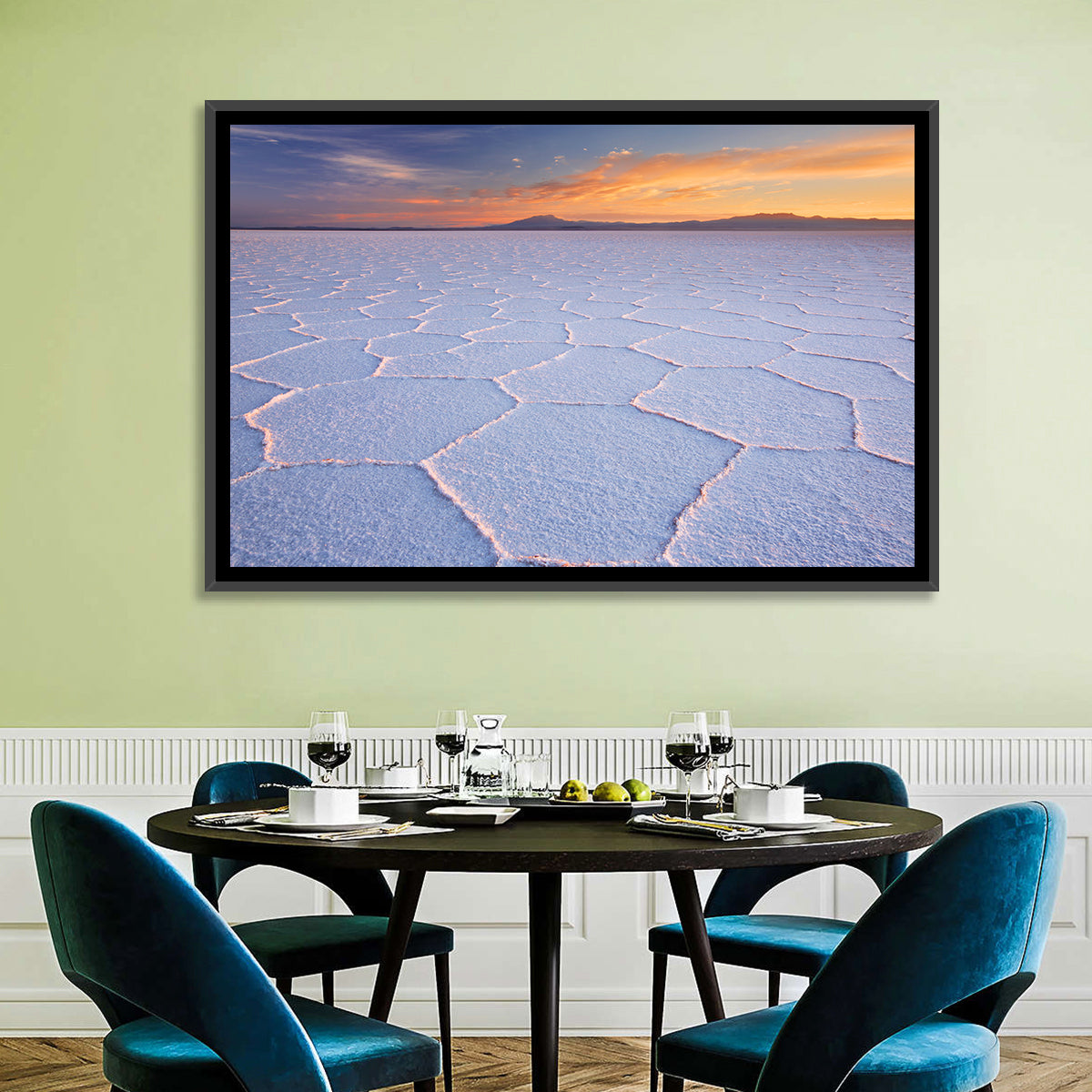 Salar De Uyuni Sunrise Wall Art in a room, landscape