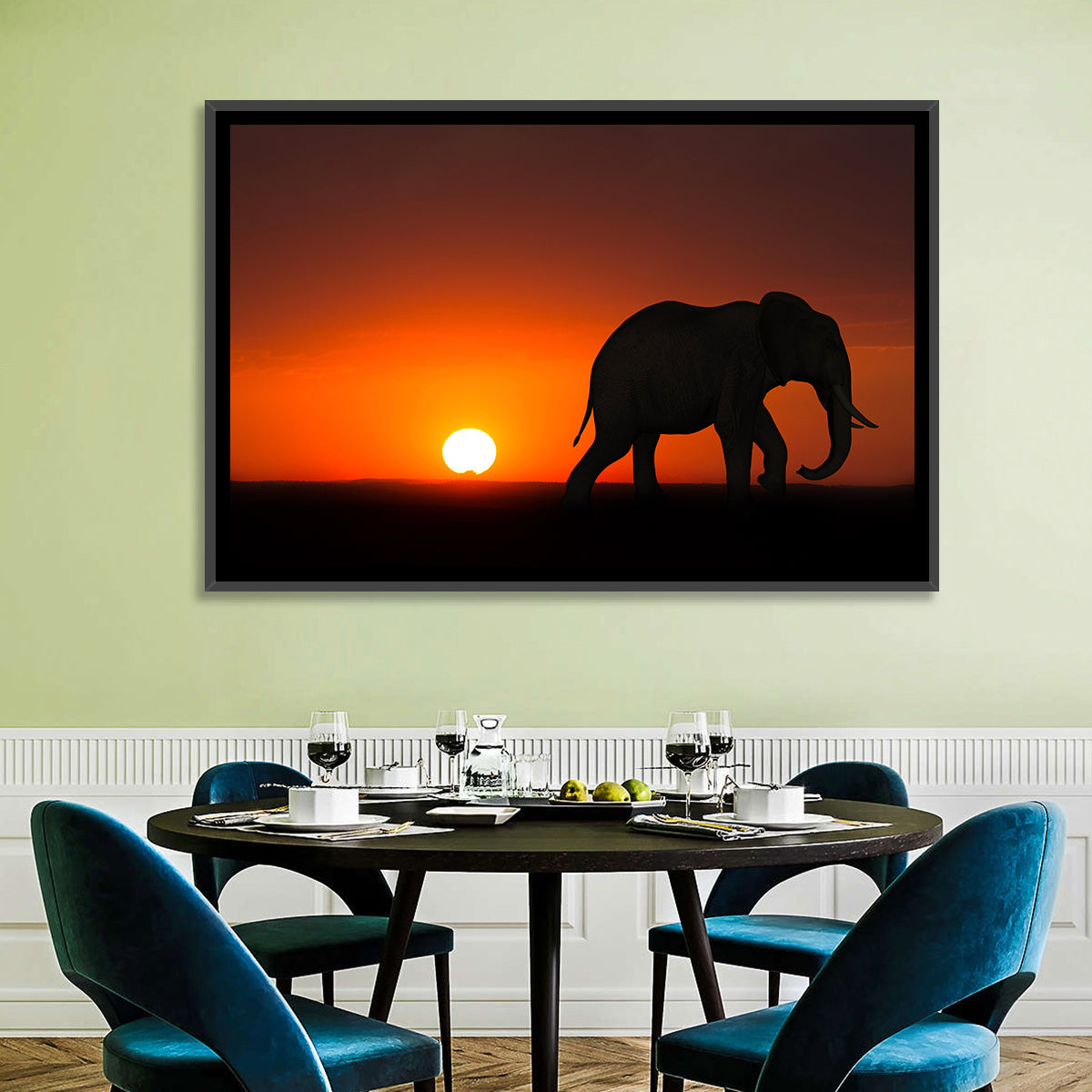 Sunset Elephant Silhouette Wall Art in a room, landscape