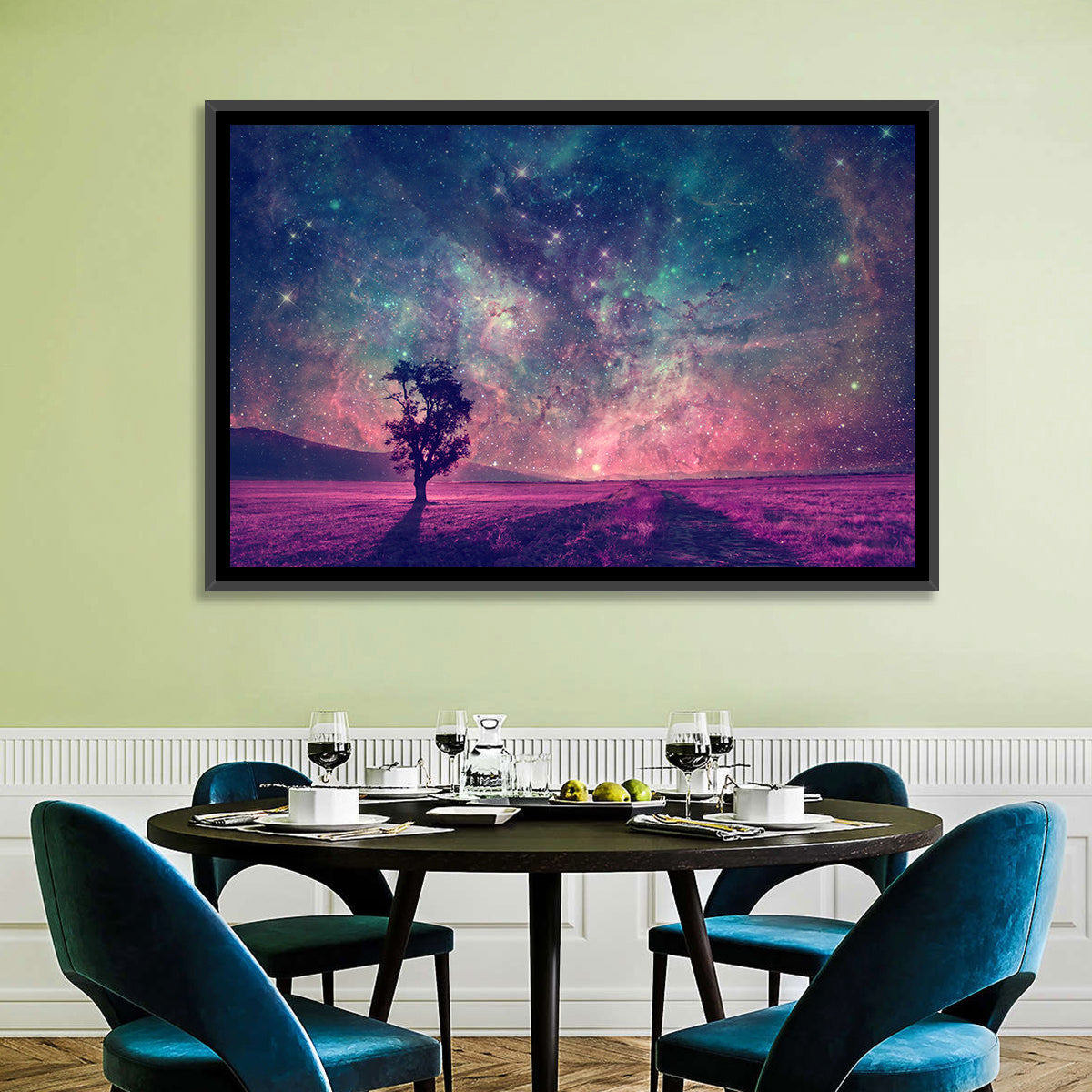 Lone Tree Under Nebula Sky Wall Art in a room, landscape