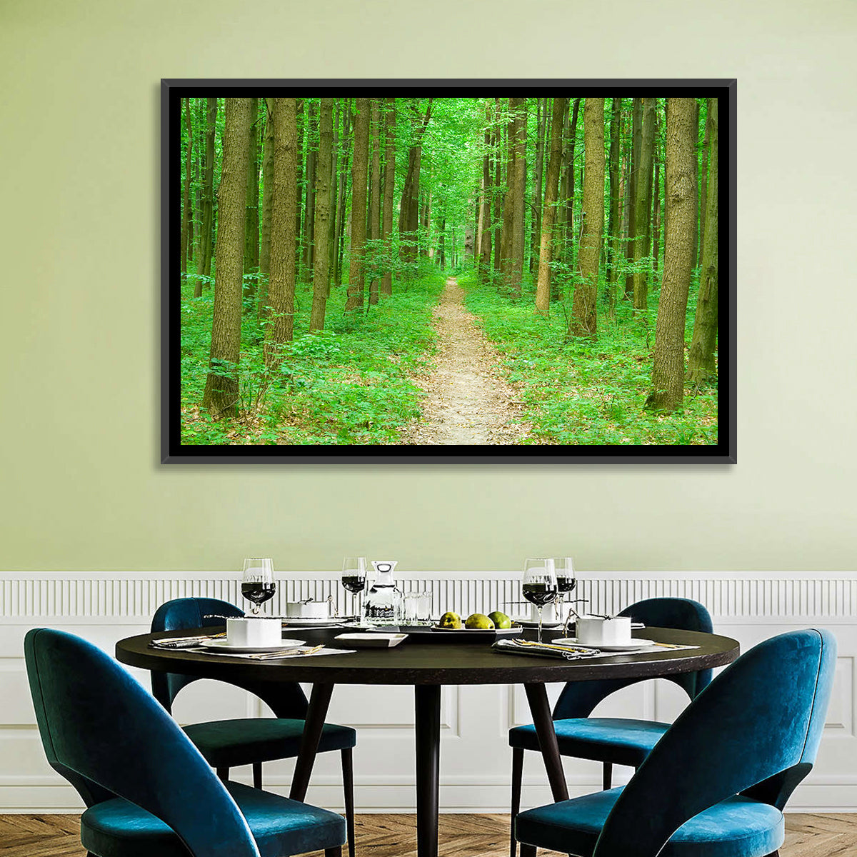 Green Forest Pathway Wall Art in a room, landscape