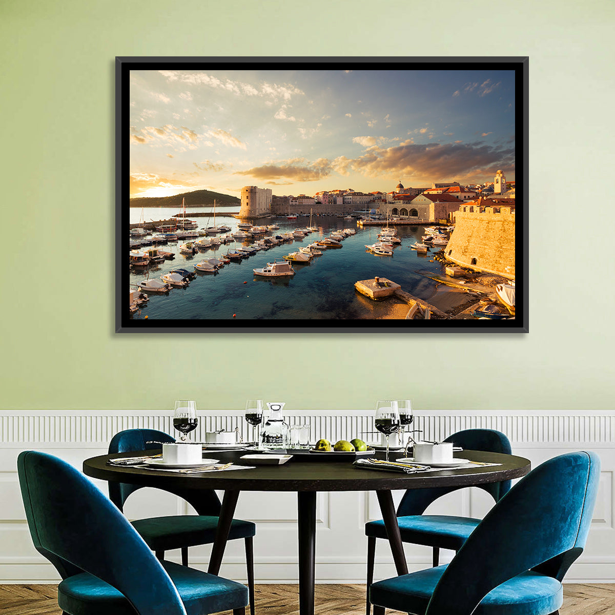 Dubrovnik Old Port at Golden Hour Wall Art in a room, landscape