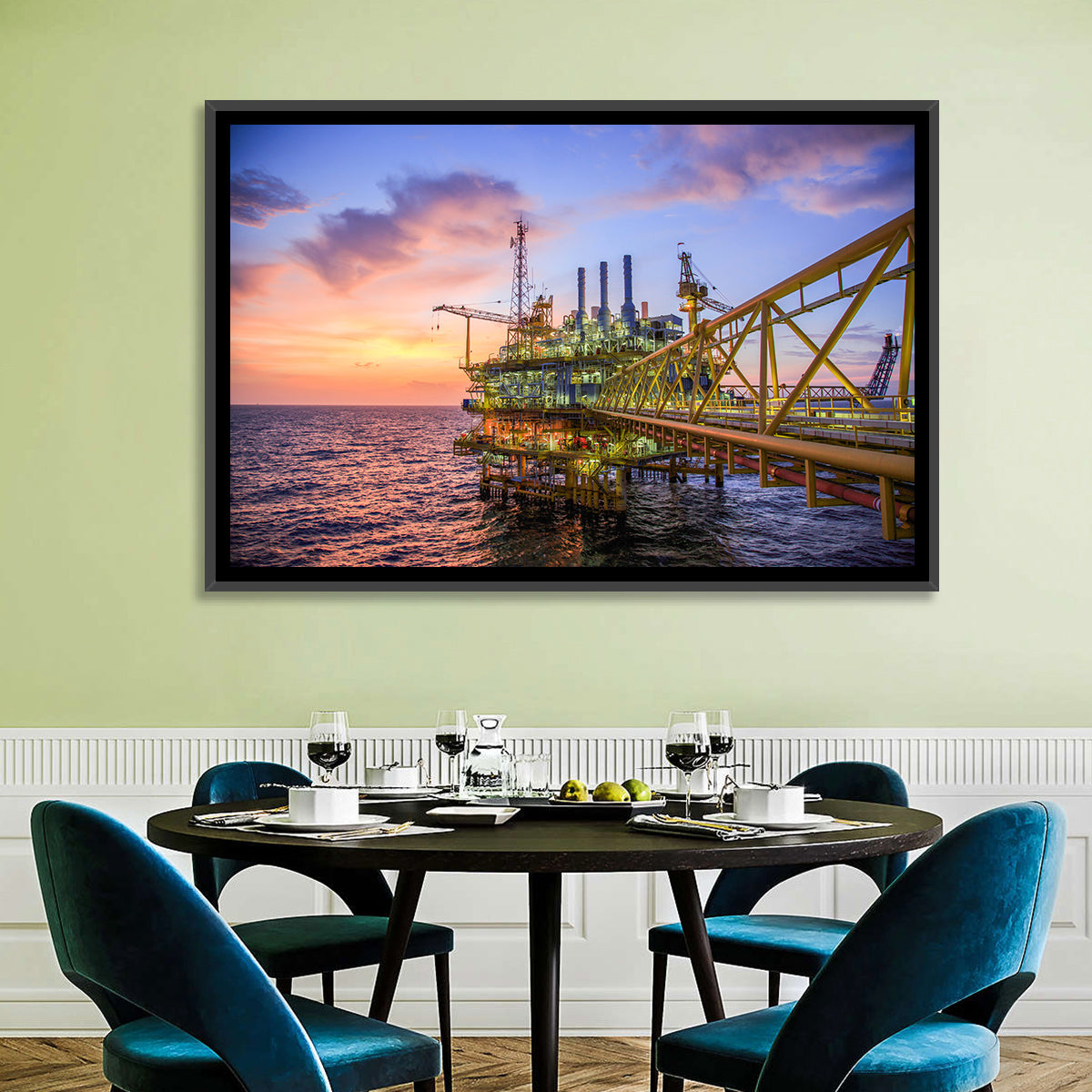 Golden Hour Offshore Oil Rig Wall Art in a room, landscape