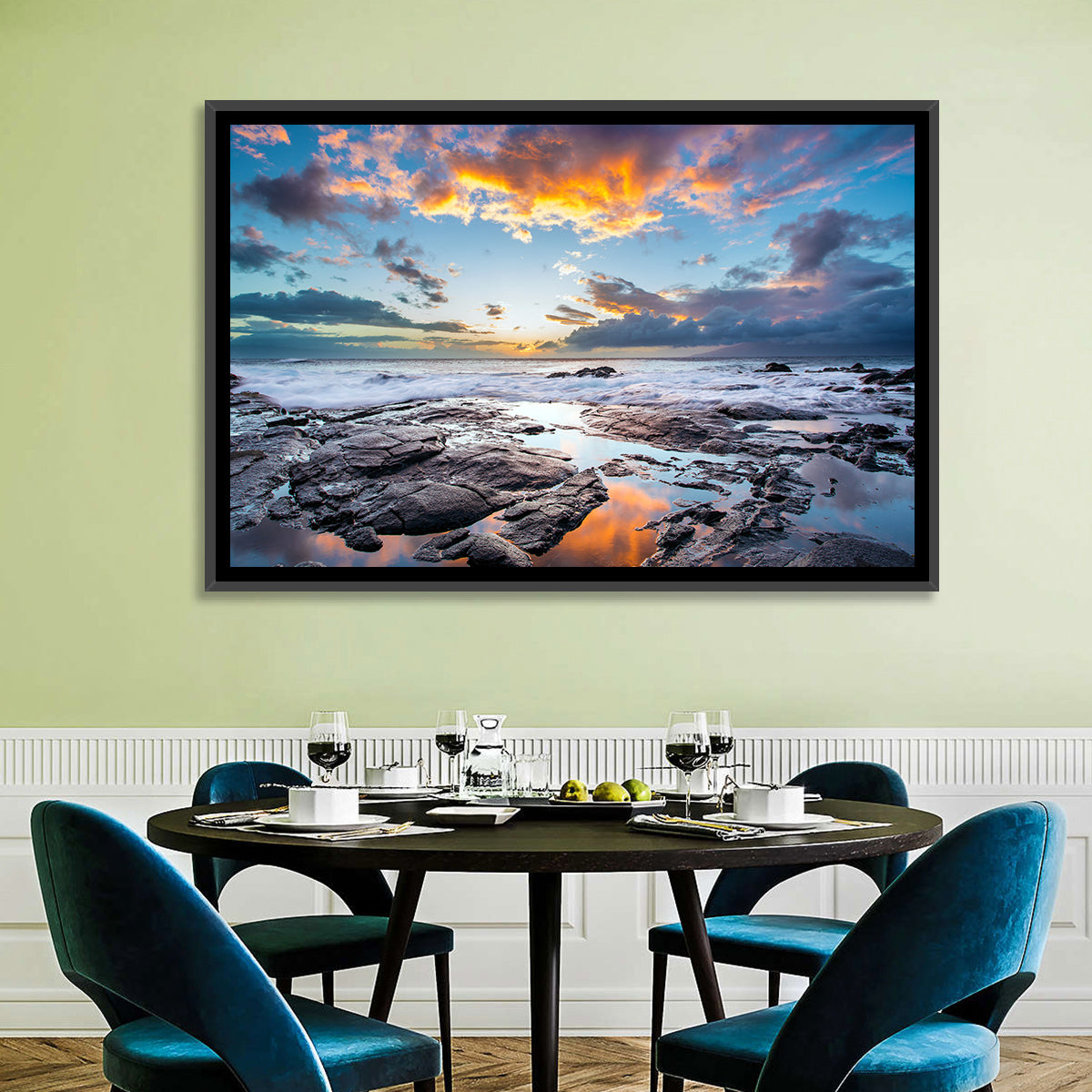 Sunset Over Volcanic Shore Wall Art in a room, landscape