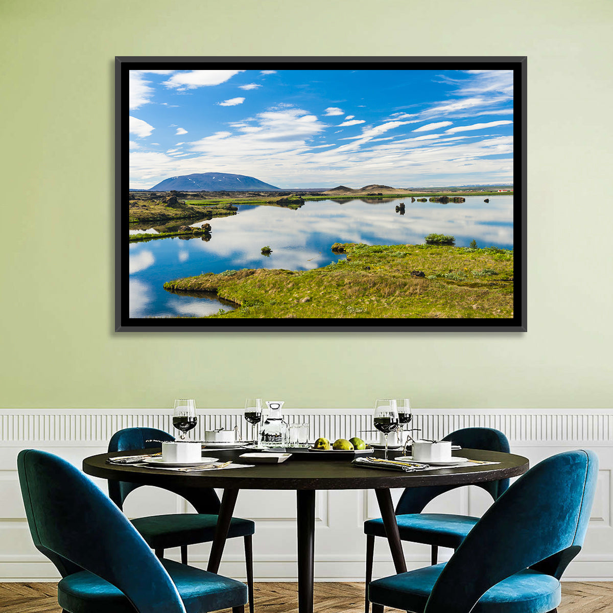 Lake Myvatn Reflection Wall Art in a room, landscape