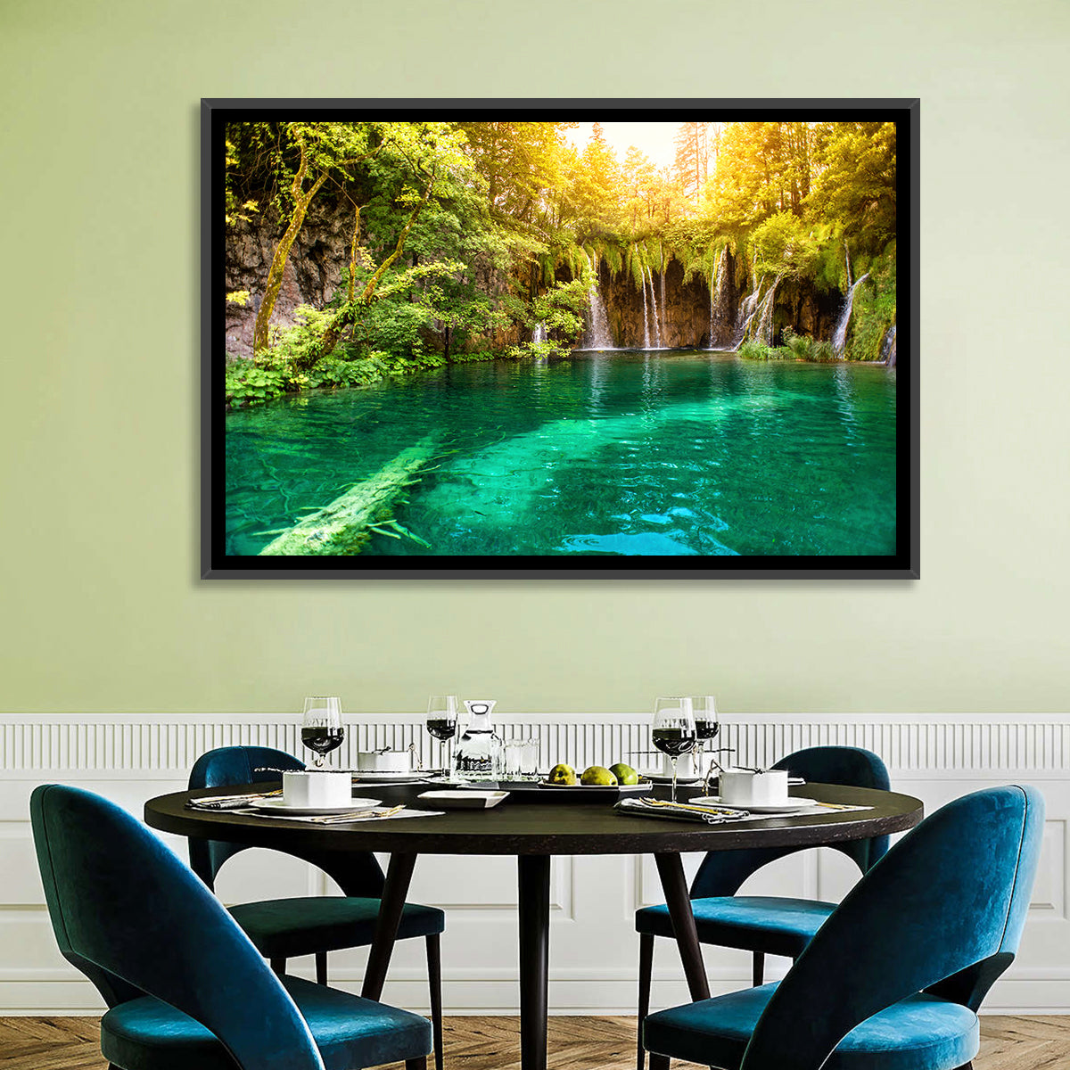 Plitvice Lake Waterfall Wall Art in a room, landscape