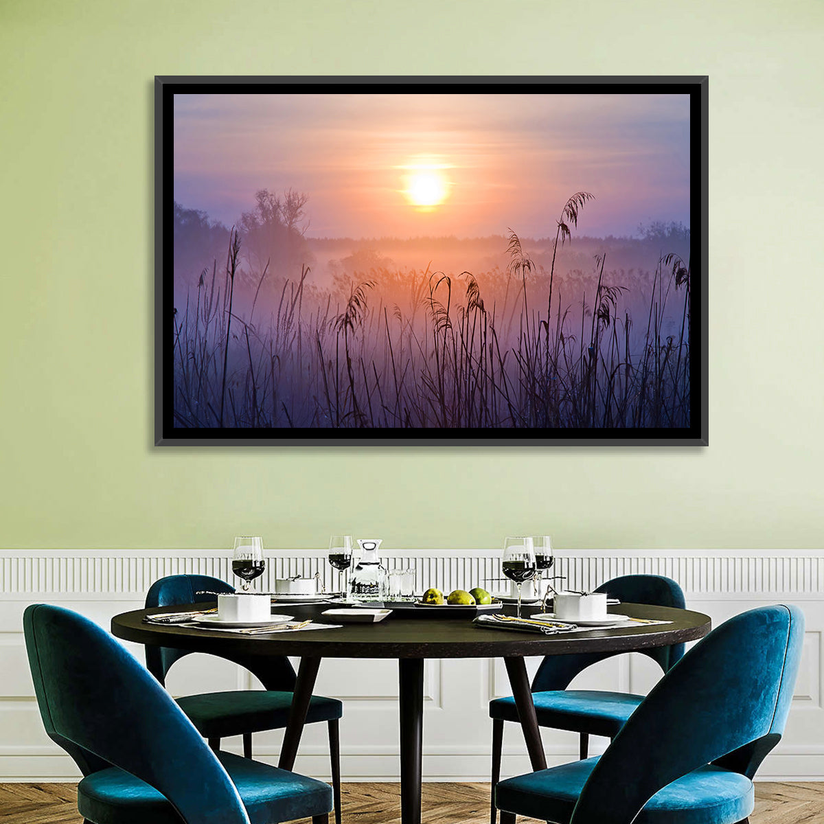 Lavender Sunrise Over Reeds Wall Art in a room, landscape