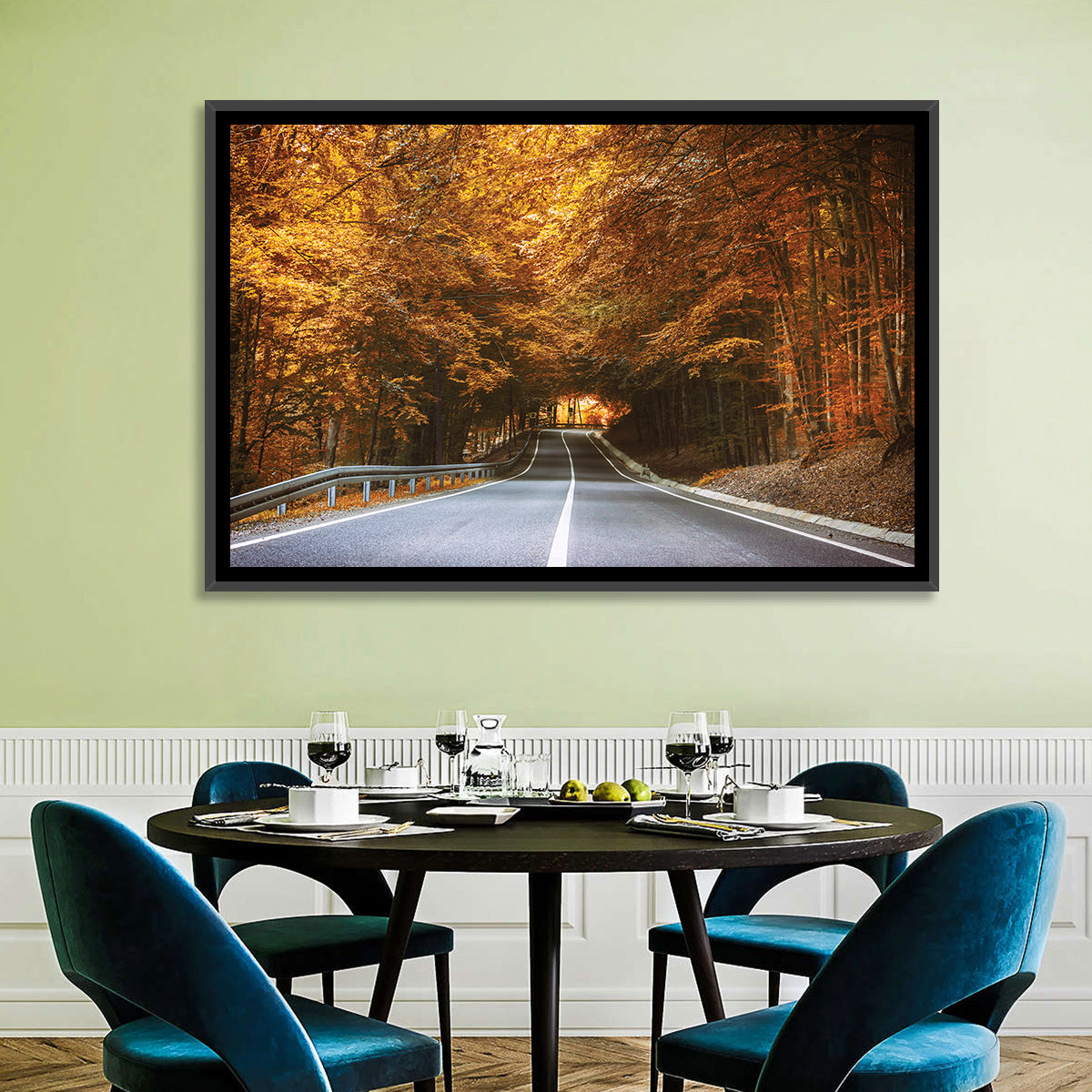 Autumn Forest Road with Canopy Wall Art in a room, landscape