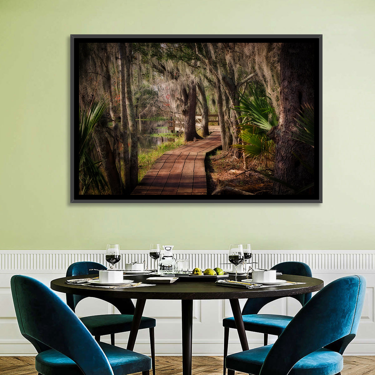 Louisiana Swamp Boardwalk Wall Art in a room, landscape